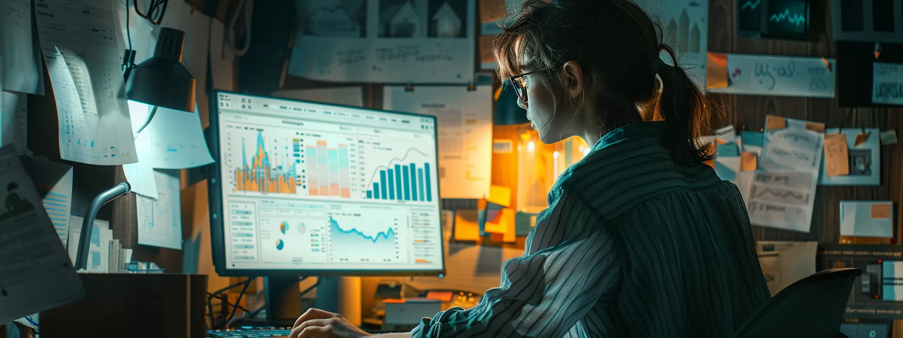 a person analyzing a computer screen filled with charts and data, surrounded by notes and graphs, reflecting a diligent content audit process to elevate their rei site.