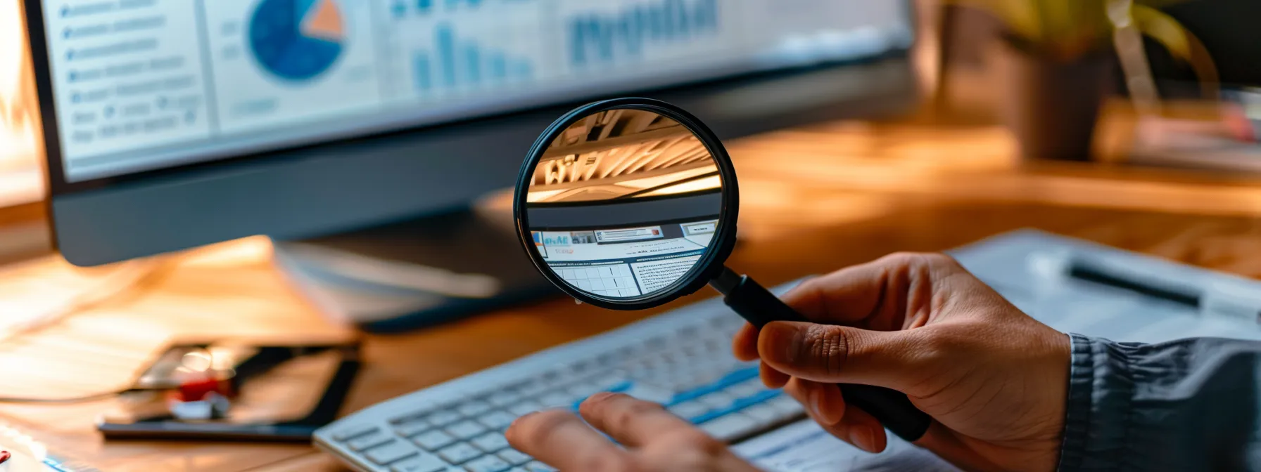 a person analyzing a computer screen displaying a detailed seo audit report for a real estate website.