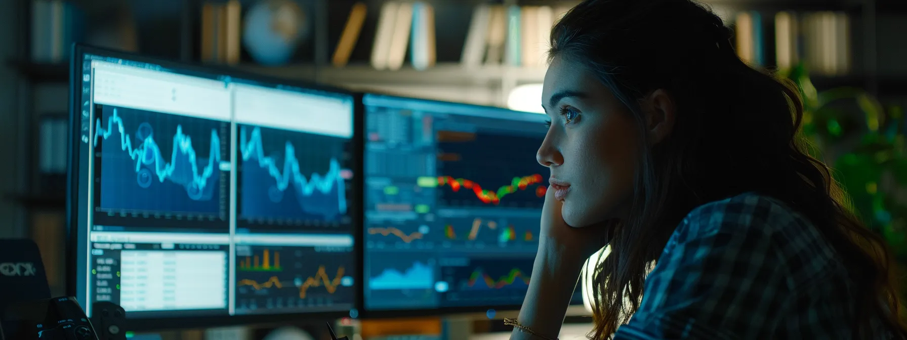 a person analyzing a detailed graph of website traffic trends on a computer screen with a focused expression, showcasing the importance of monitoring and measuring seo success for commercial real estate.