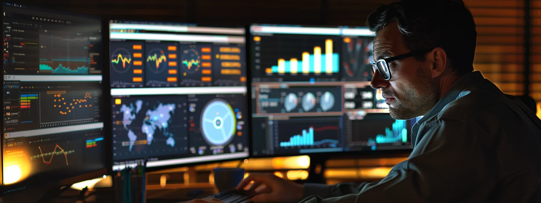 a person analyzing a detailed link analysis dashboard on a computer screen, surrounded by charts and graphs with a focused expression.