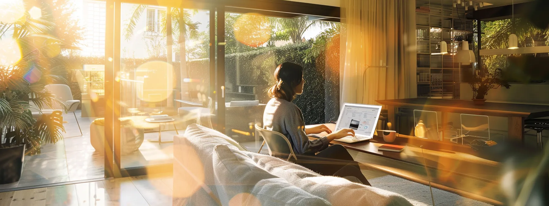 a person analyzing data on a laptop while surrounded by modern real estate properties and smart devices.