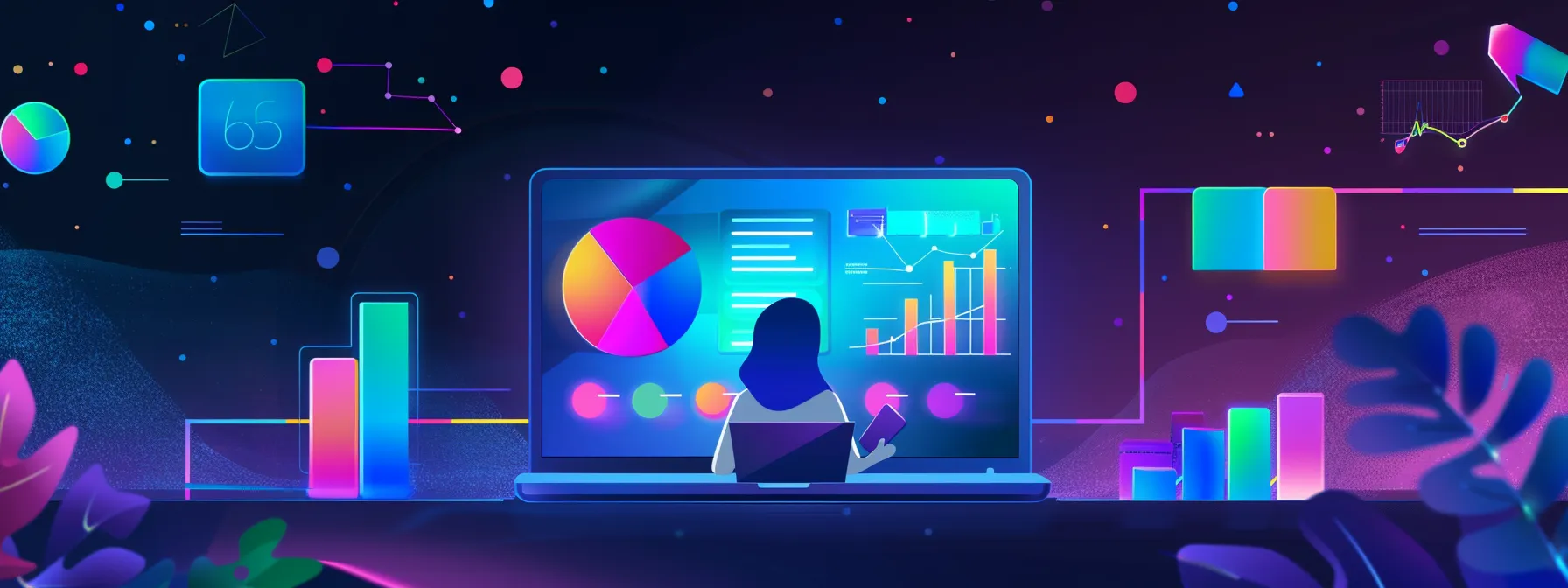 a person analyzing data on a laptop surrounded by colorful charts and graphs to measure and refine content structure for seo success.