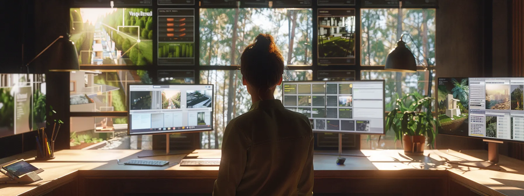 a person analyzing property databases and customer data on a computer with multiple screens displaying real estate listings and analytics.