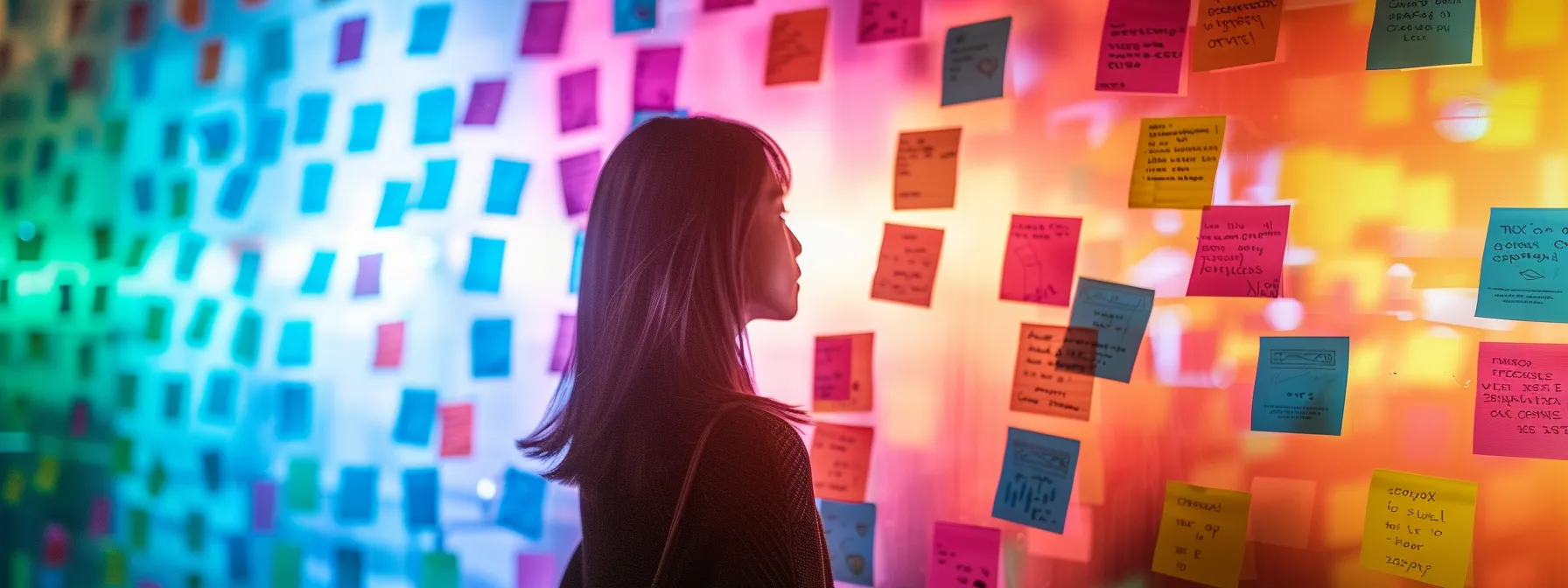 a person brainstorming local keyword ideas surrounded by a colorful array of location-specific and event-based keywords on sticky notes.