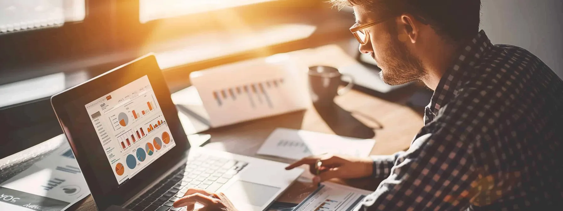 a person carefully analyzing a detailed seo report on a laptop, surrounded by charts, graphs, and data points, highlighting key metrics for online improvement.