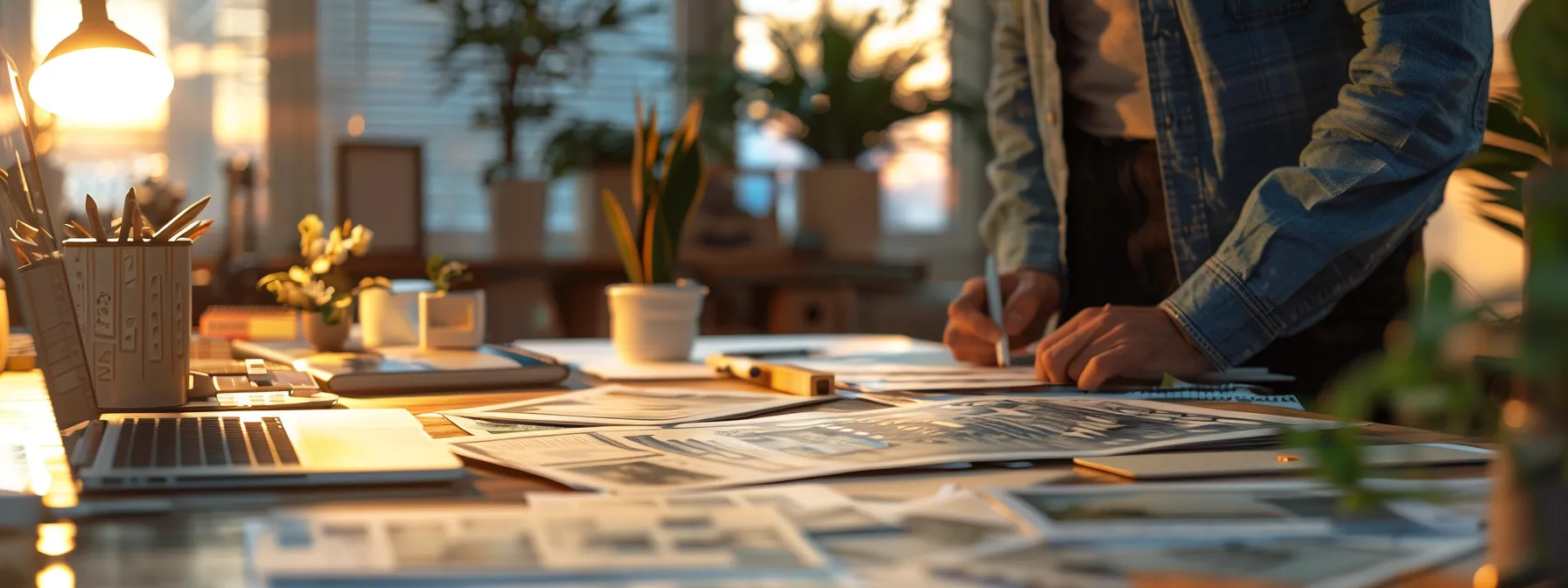 a person carefully analyzing a diverse real estate portfolio, with residential and commercial properties spread out on a desk.