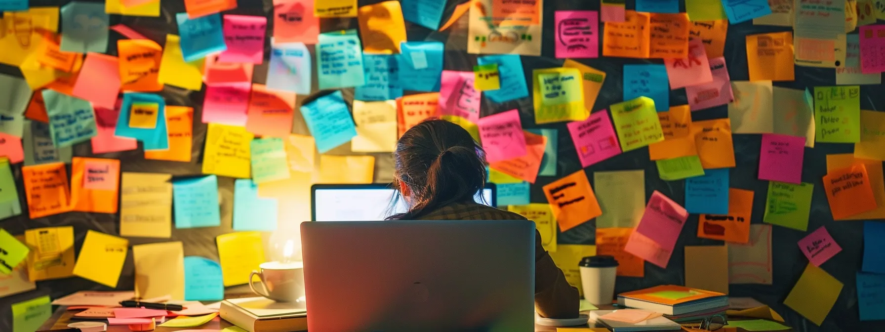 a person crafting personalized outreach messages on a laptop surrounded by colorful sticky notes and a mug of coffee to enhance their link-building strategies.