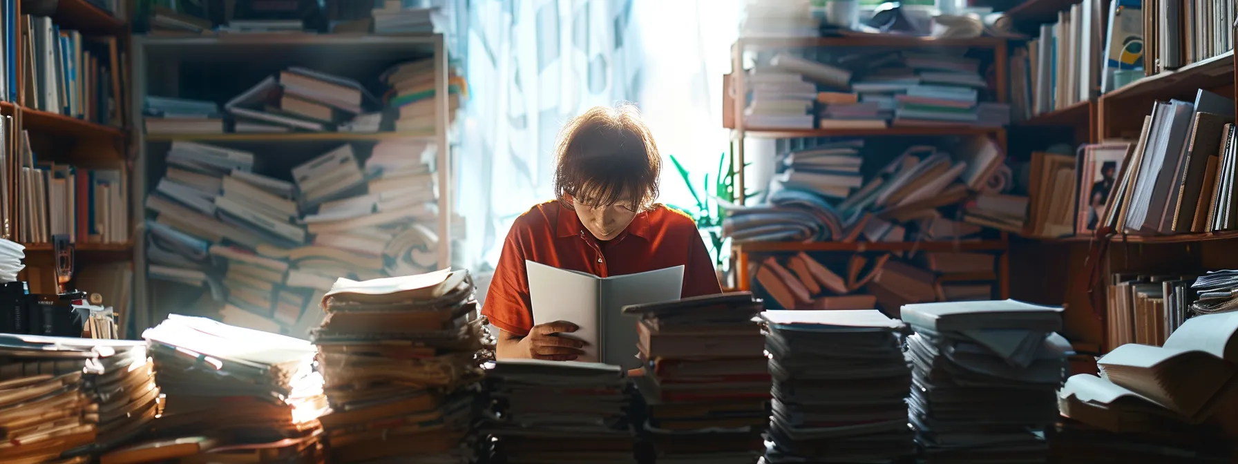 a person overwhelmed by stacks of lengthy, repetitive documents, struggling to navigate through the clutter.