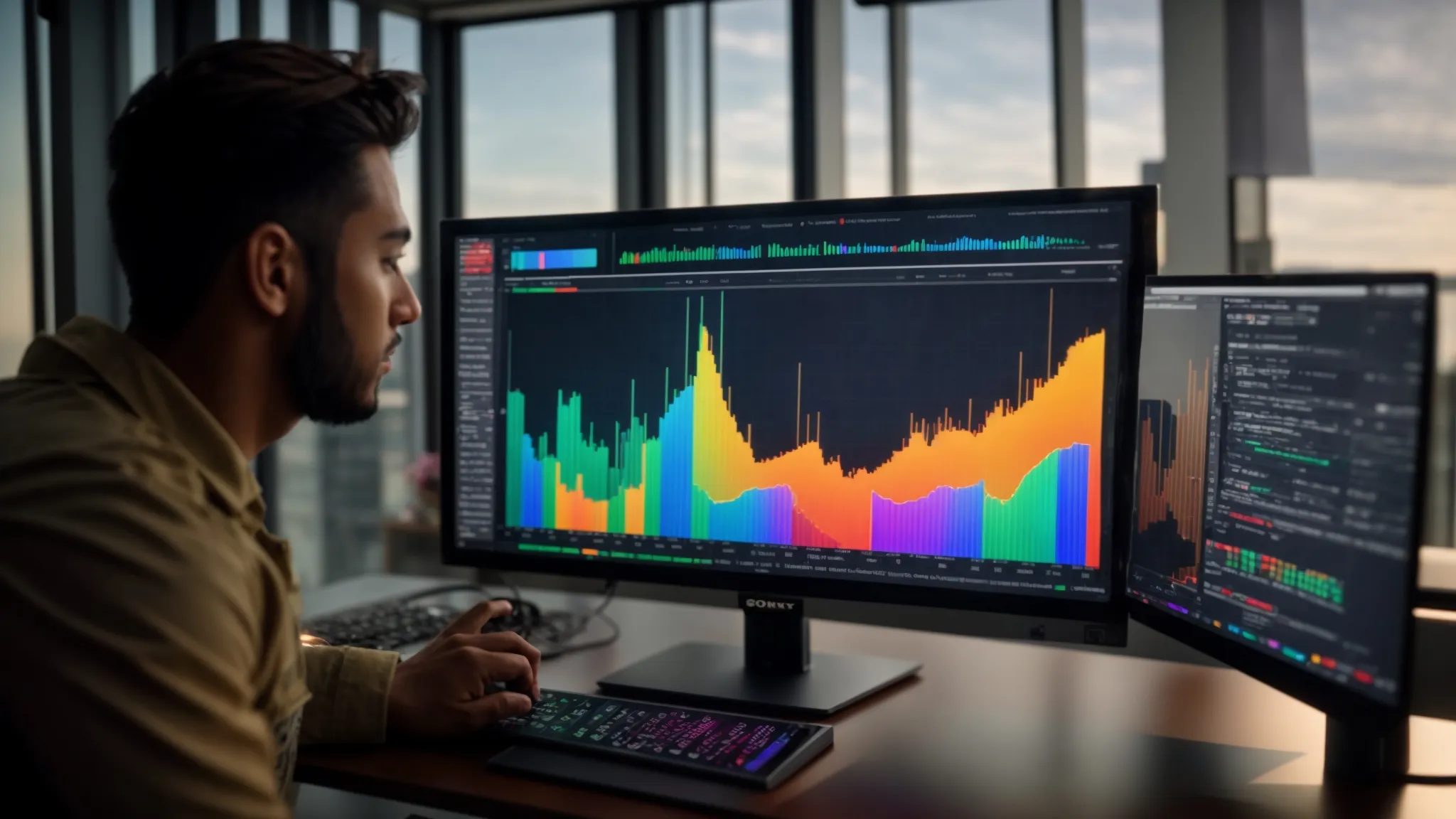 a person reviewing a computer screen filled with colorful graphs and charts displaying their local backlink profile analysis.