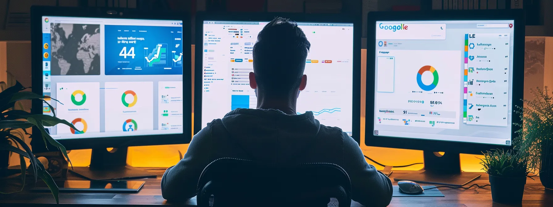 a person sitting at a desk surrounded by computer screens displaying local keyword research tools, google trends data, competitor keywords, and community forums.