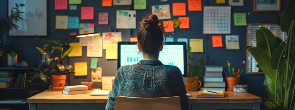 a person sitting at a desk with a computer, surrounded by colorful sticky notes and notebooks, conducting keyword research for real estate seo.