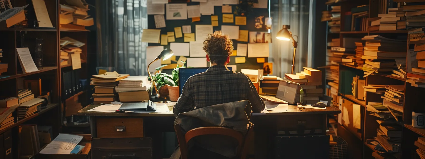 a person sitting at a desk with a laptop, surrounded by piles of books and papers on real estate investment topics, showcasing their expertise and dedication to creating valuable content for attracting backlinks.