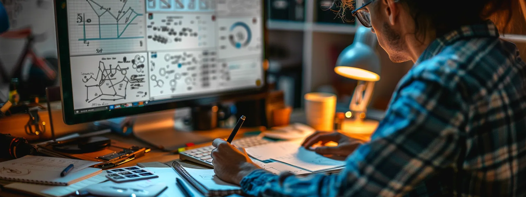 a person studying a computer screen with intricate graphs and charts, surrounded by notebooks and pens, showcasing the use of advanced rei seo link analysis tools.