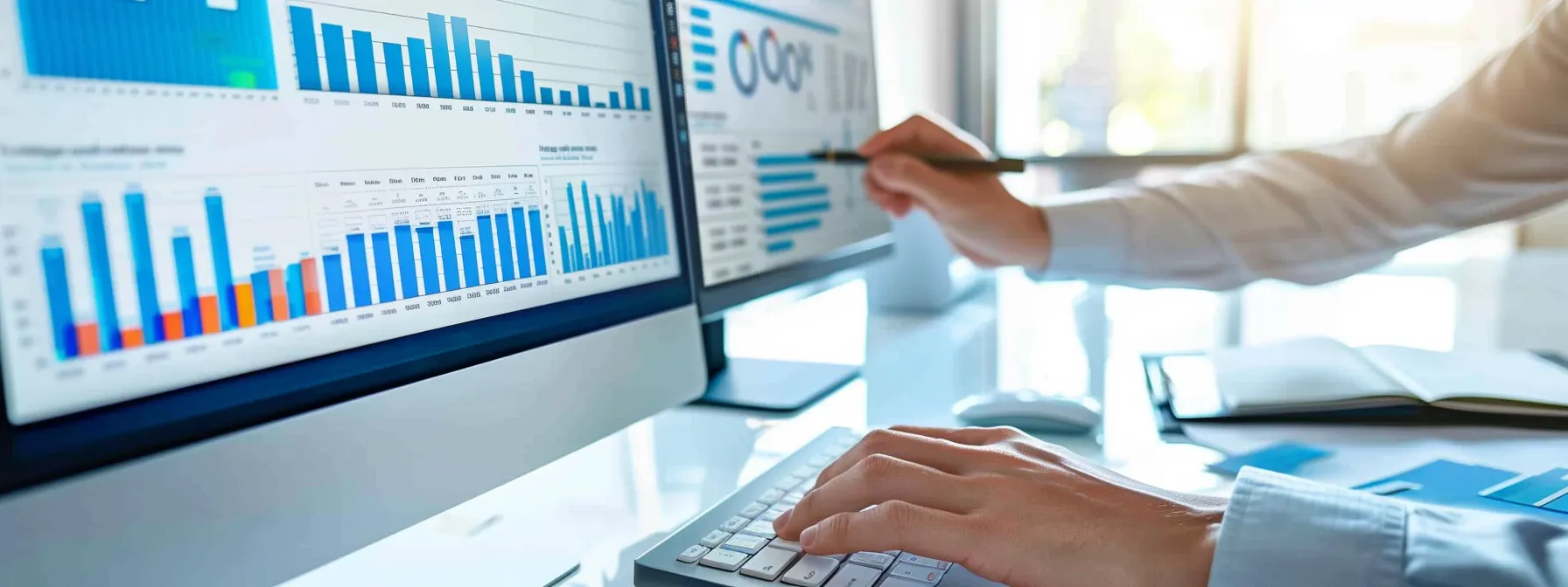 a person studying a customized seo report, highlighting key performance indicators that align with business goals, on a sleek, modern computer screen.