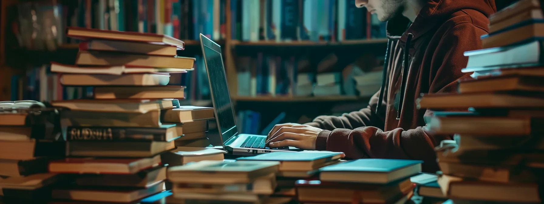 a person typing on a laptop surrounded by stacks of books, creating a comprehensive and in-depth article for boosting seo performance.