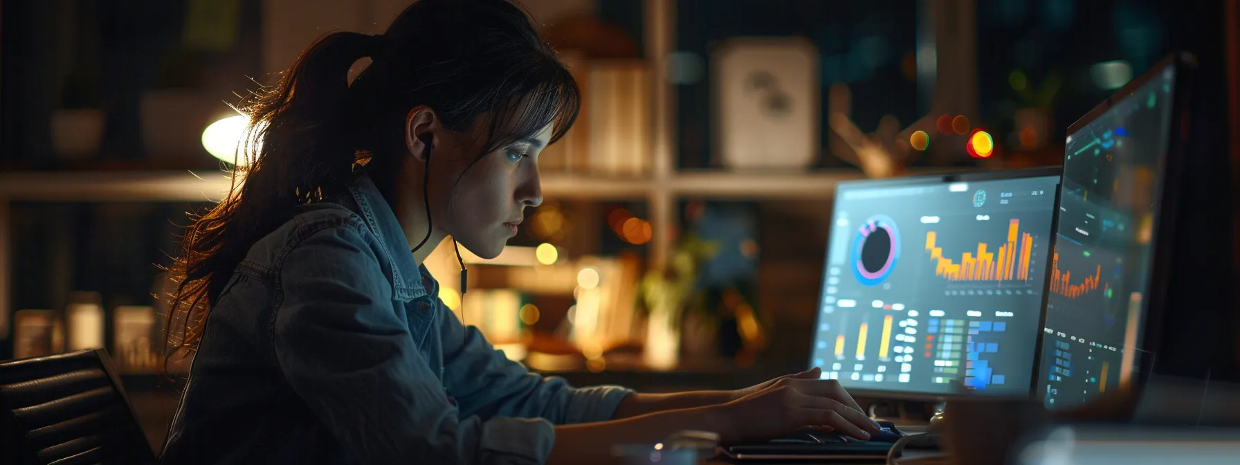 a person working on a laptop, surrounded by graphs and charts related to schema markup optimization, showcasing a focused and strategic approach to enhancing online visibility.