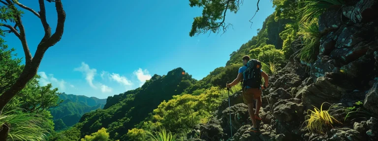 a professional hiker trekking up a steep mountain path, surrounded by lush greenery and clear blue skies.