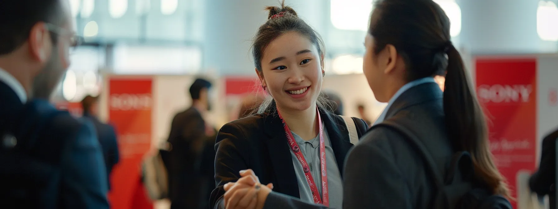 a professional looking individual networking at a real estate conference, shaking hands with industry leaders, surrounded by banners promoting partnership opportunities.