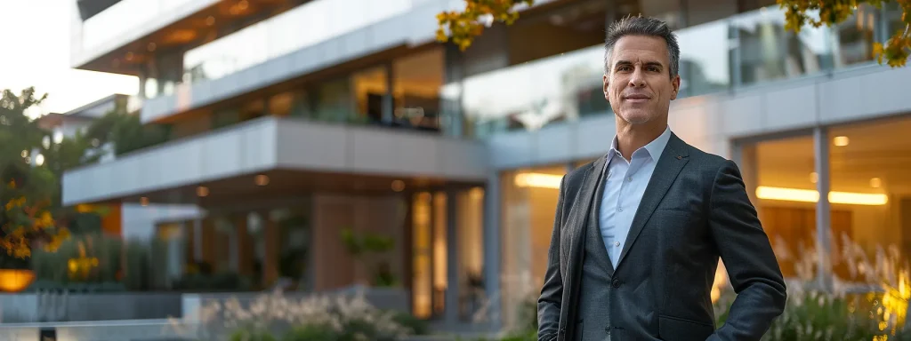 a real estate agent standing confidently in front of a modern, brightly lit office building.