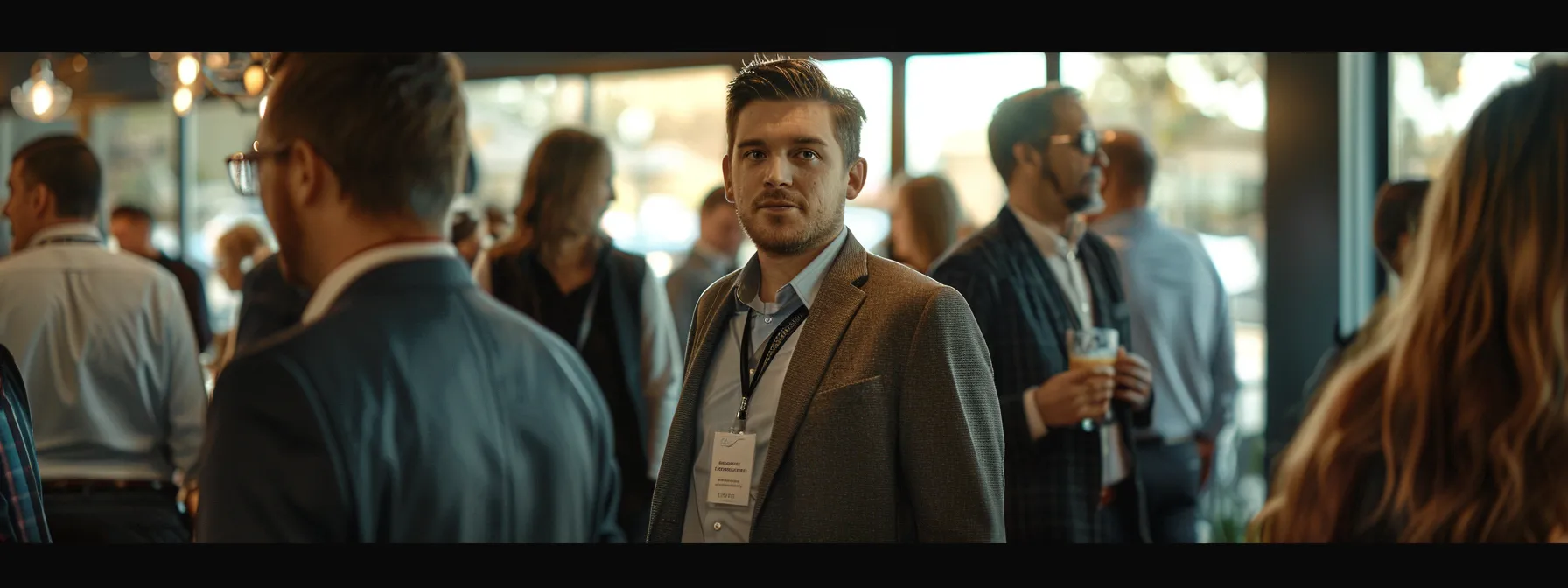 a real estate agent standing confidently in a bustling networking event, surrounded by engaged potential clients and industry professionals.