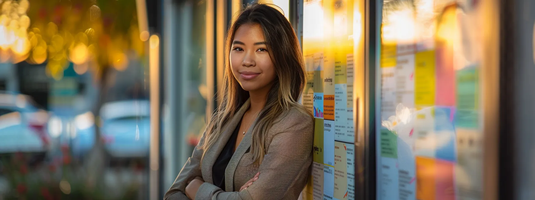 a real estate agent standing in front of a vibrant local directory board, showcasing various listings and directories for increased exposure.