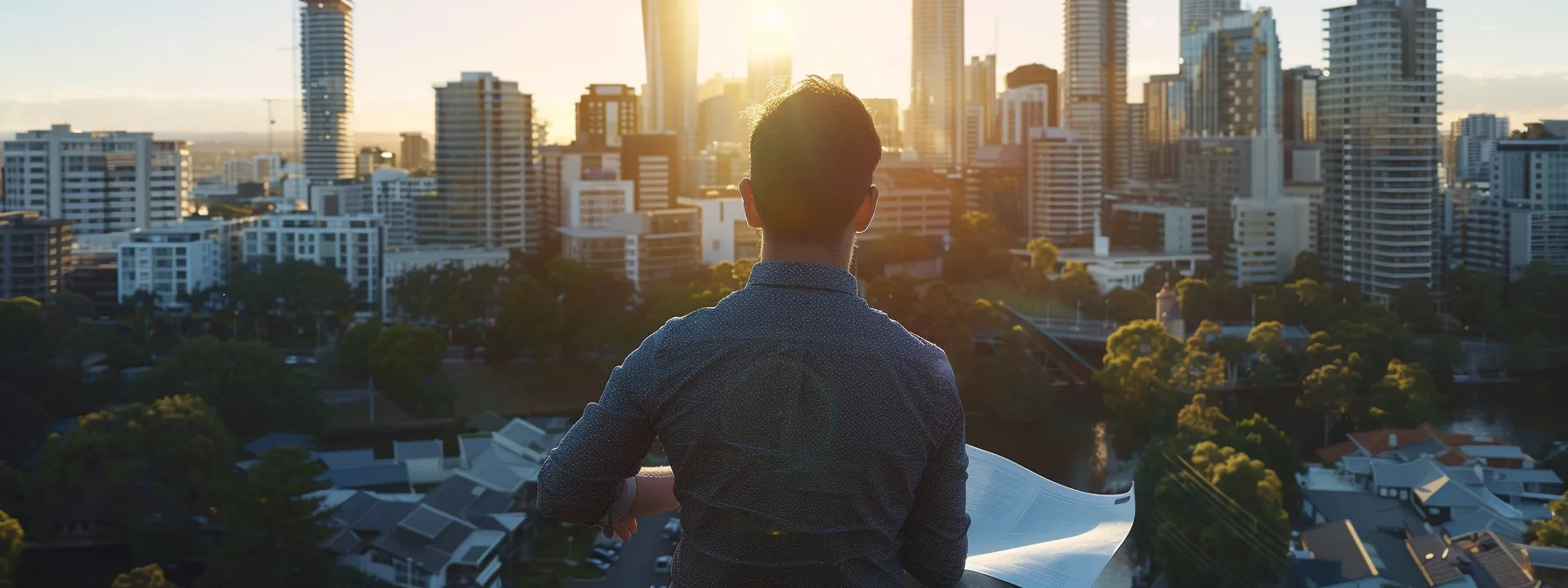 a real estate investor carefully analyzing property locations against a backdrop of a bustling city skyline.