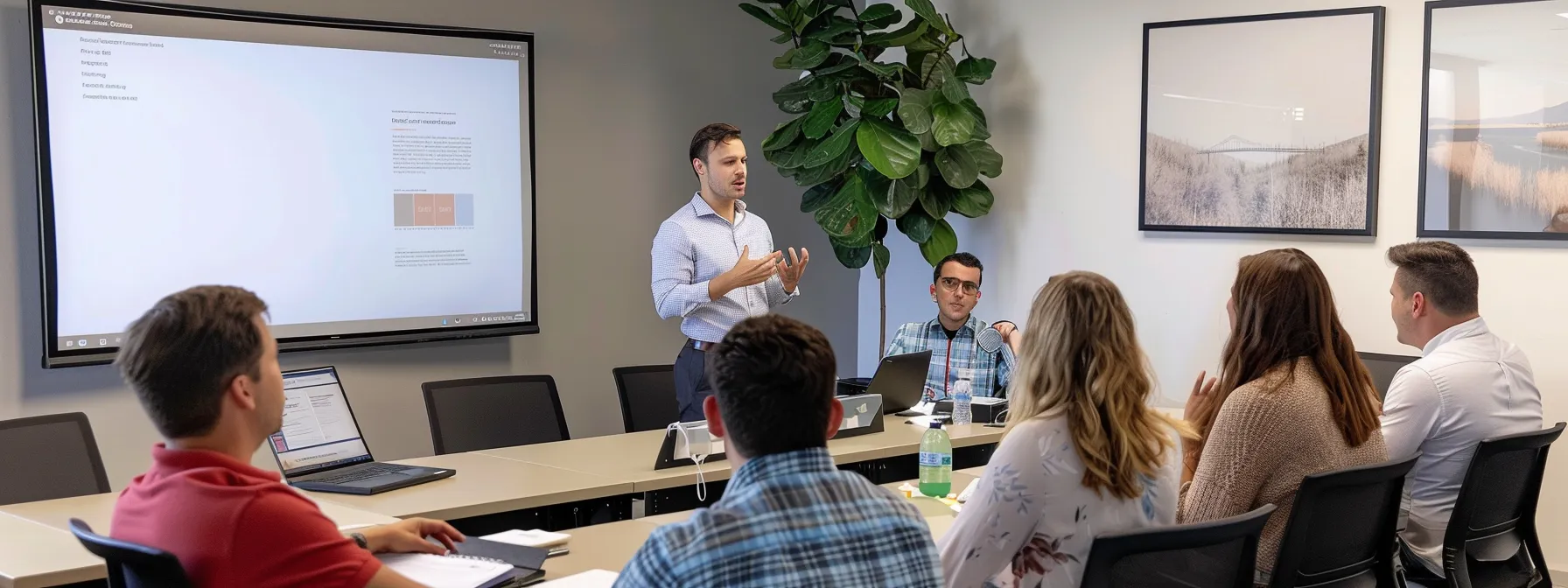 a real estate investor confidently pitching an authoritative article to a group of attentive bloggers in a modern office setting.