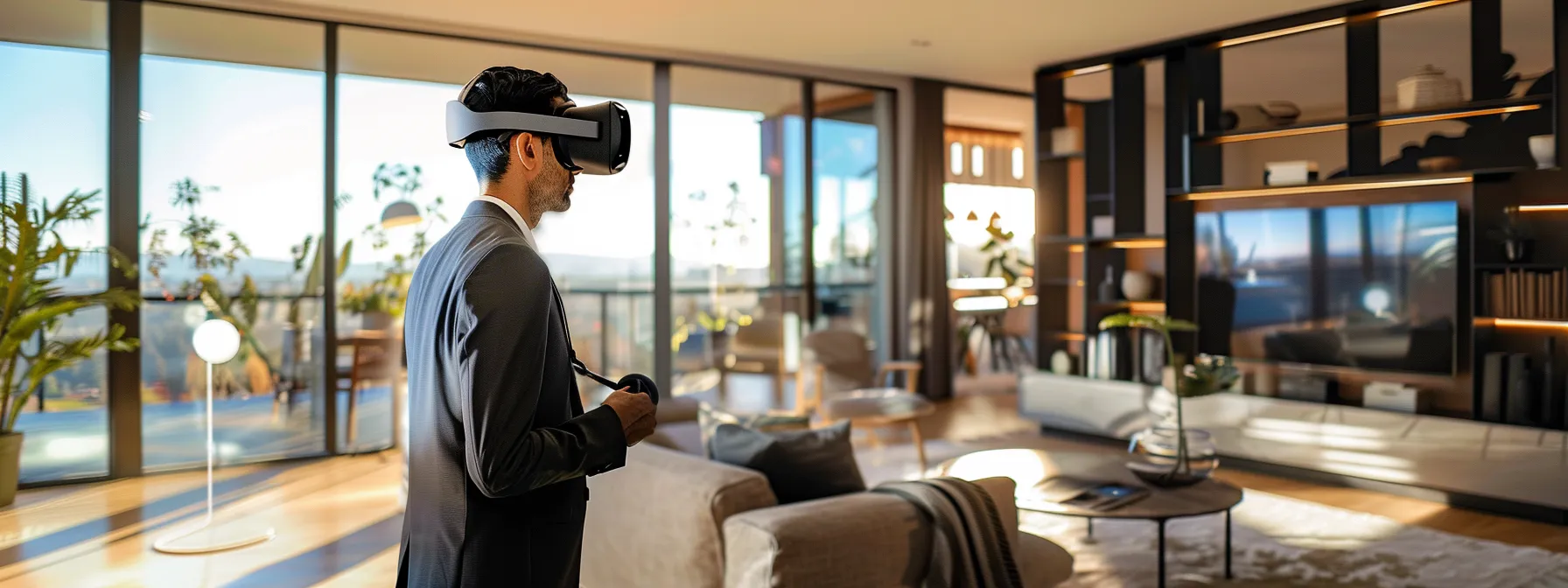 a real estate investor exploring a virtual reality property showcase, surrounded by futuristic ai and ml technology.