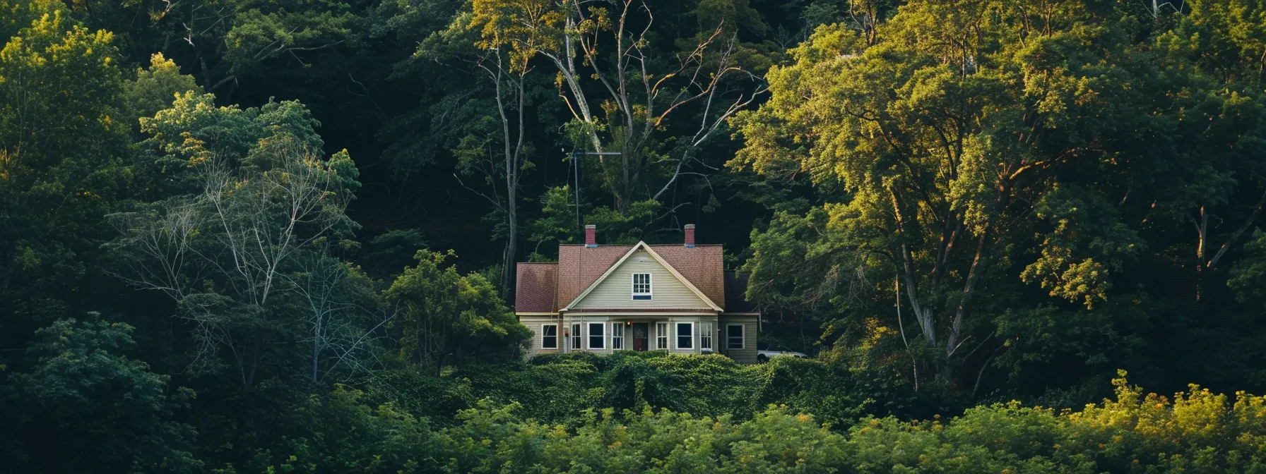 a secluded, charming house nestled among lush trees and untouched nature, symbolizing the lucrative potential of off-market real estate leads.