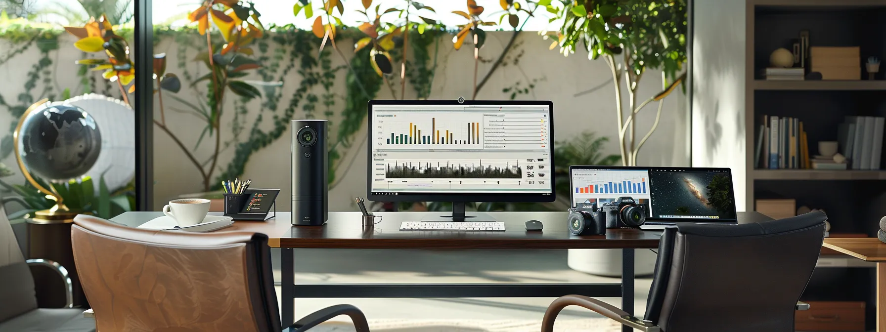 a sleek, modern office desk with a laptop showing various real estate investment websites open, surrounded by charts and graphs showcasing performance metrics.