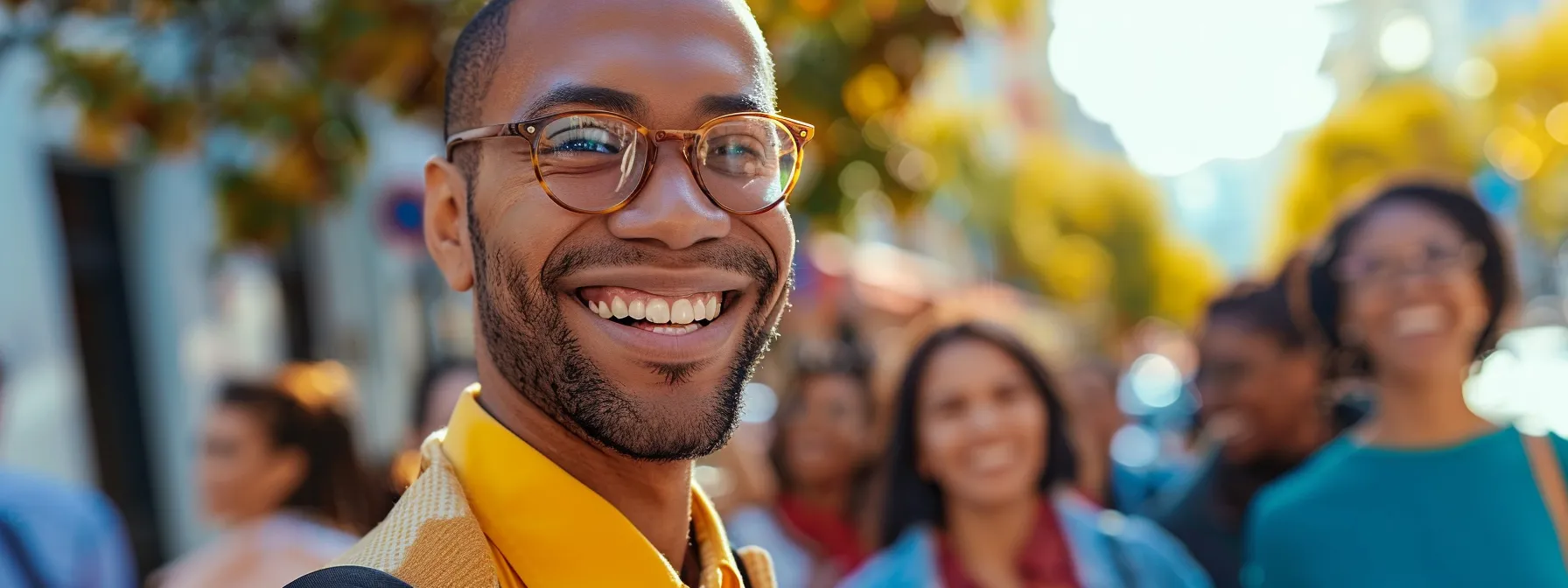 a smiling investor holding a positive review, surrounded by a diverse group of satisfied clients in a vibrant local neighborhood setting.