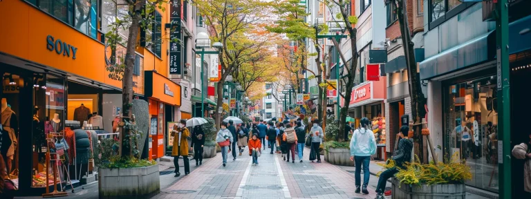 a vibrant city street lined with colorful storefronts and bustling with people, showcasing the power of local seo content to boost visibility.