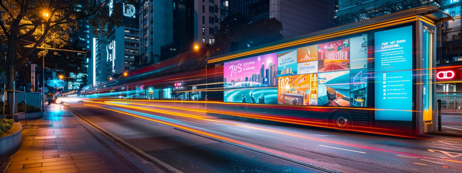 a vibrant cityscape with a digital billboard displaying a local business's website, glowing with location-specific landing pages and mobile-friendly features, attracting attention from passersby seeking nearby information.