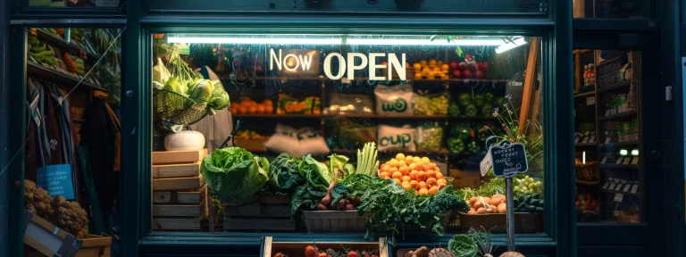 a vibrant storefront window with a bold "now open" sign, bustling with customers and overflowing with local produce, boosting its local search presence effectively.