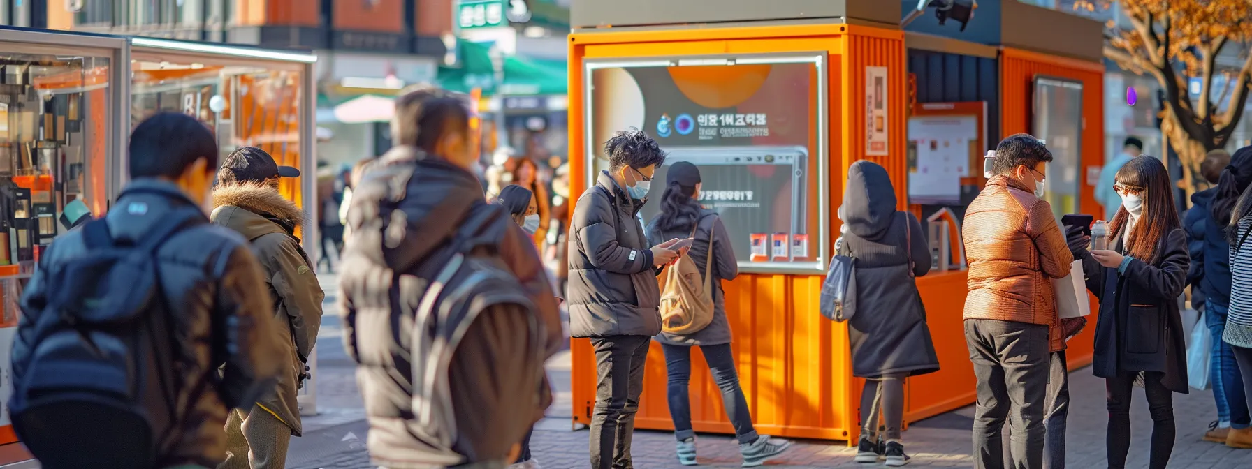 a vibrant street market bustling with locals engaging with a branded social media booth, showcasing localized content.