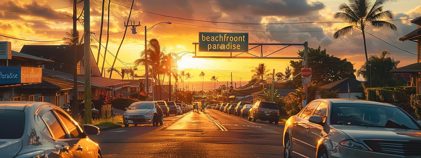 a vibrant sunset over a bustling hawaii neighborhood, with a real estate sign prominently featuring local keywords like 