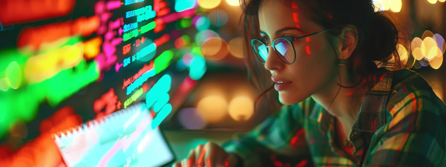 a woman carefully selecting keywords while crafting a meta description, surrounded by a variety of colorful highlighters and a laptop displaying website analytics.