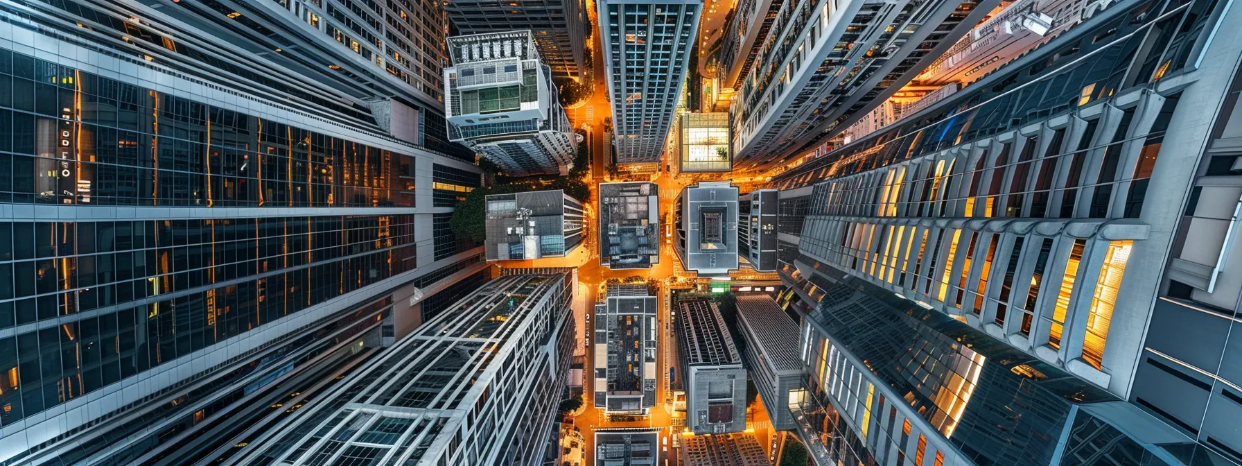 an aerial shot of a modern skyscraper surrounded by a network of reputable websites linking together.