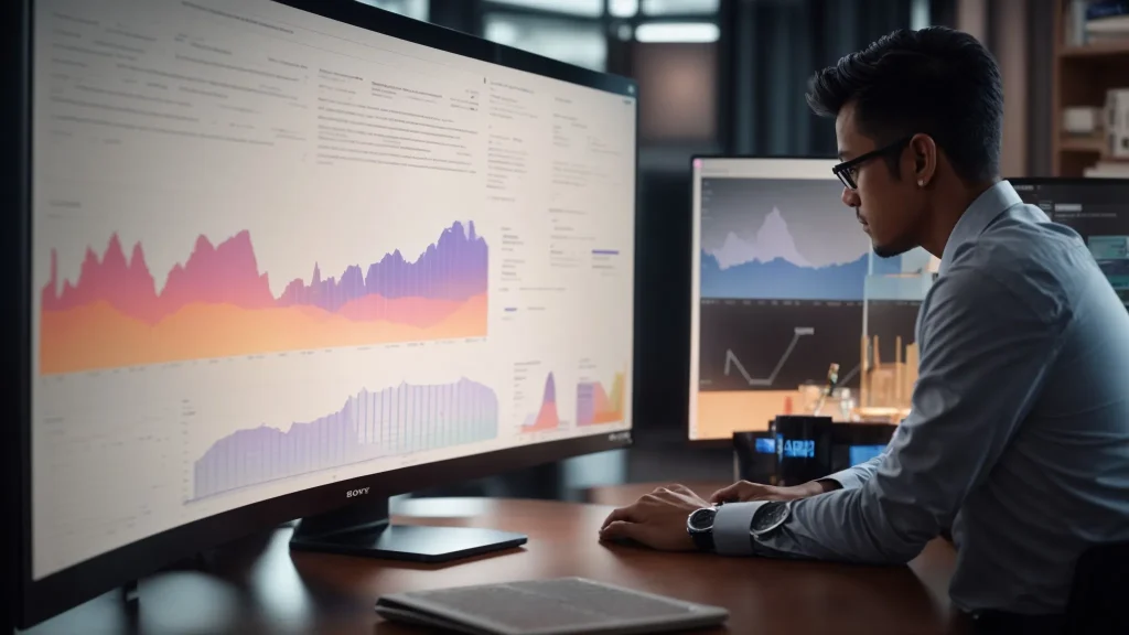 an seo specialist analyzing a computer screen showing a graph of high-performing content, while surrounded by keyword research books and email marketing campaign notes.