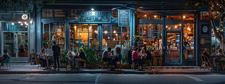 a local coffee shop with a glowing 5-star rating displayed on a vibrant chalkboard sign outside, surrounded by happy customers enjoying their drinks.