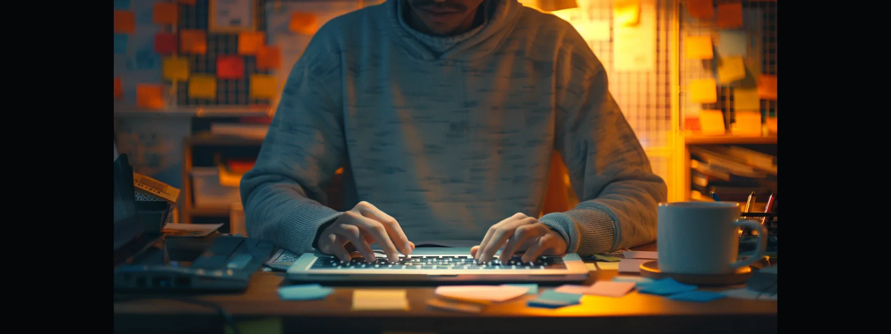 a person typing on a laptop, surrounded by sticky notes with long-tail keywords written on them, while researching real estate investing strategies.