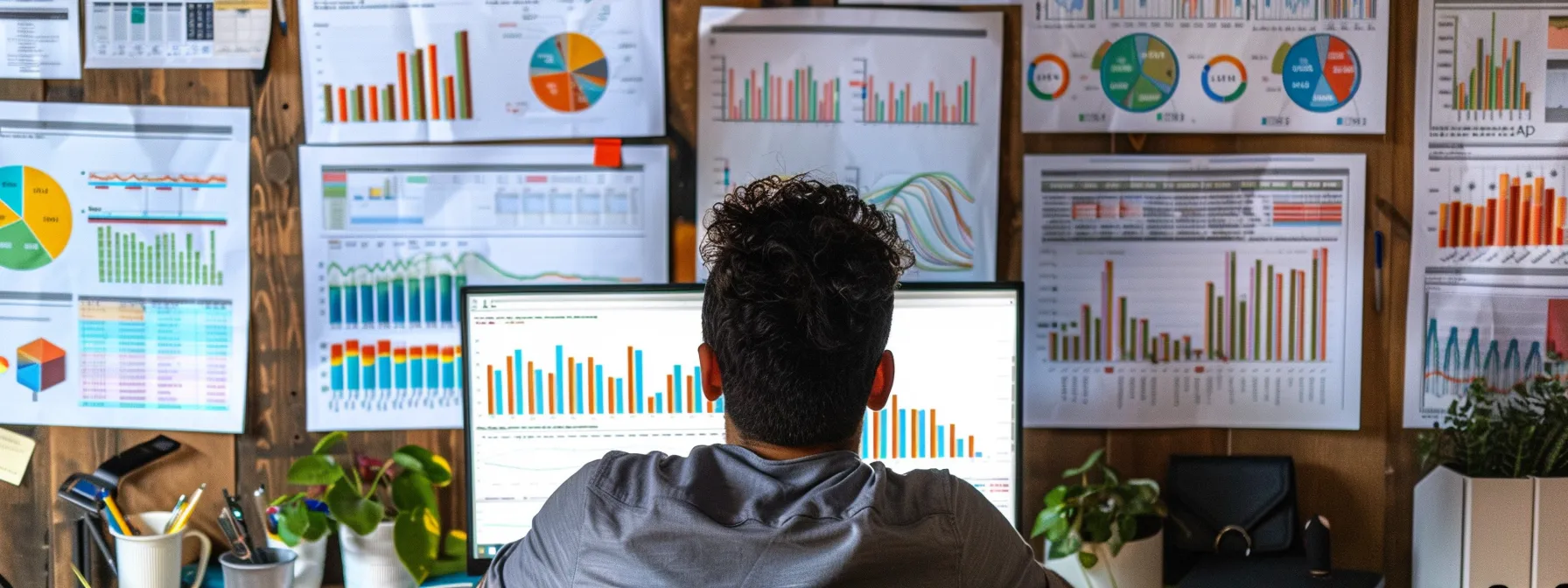 a person sitting at a desk, surrounded by charts and graphs on a computer screen, researching and analyzing long-tail keywords for real estate investing.