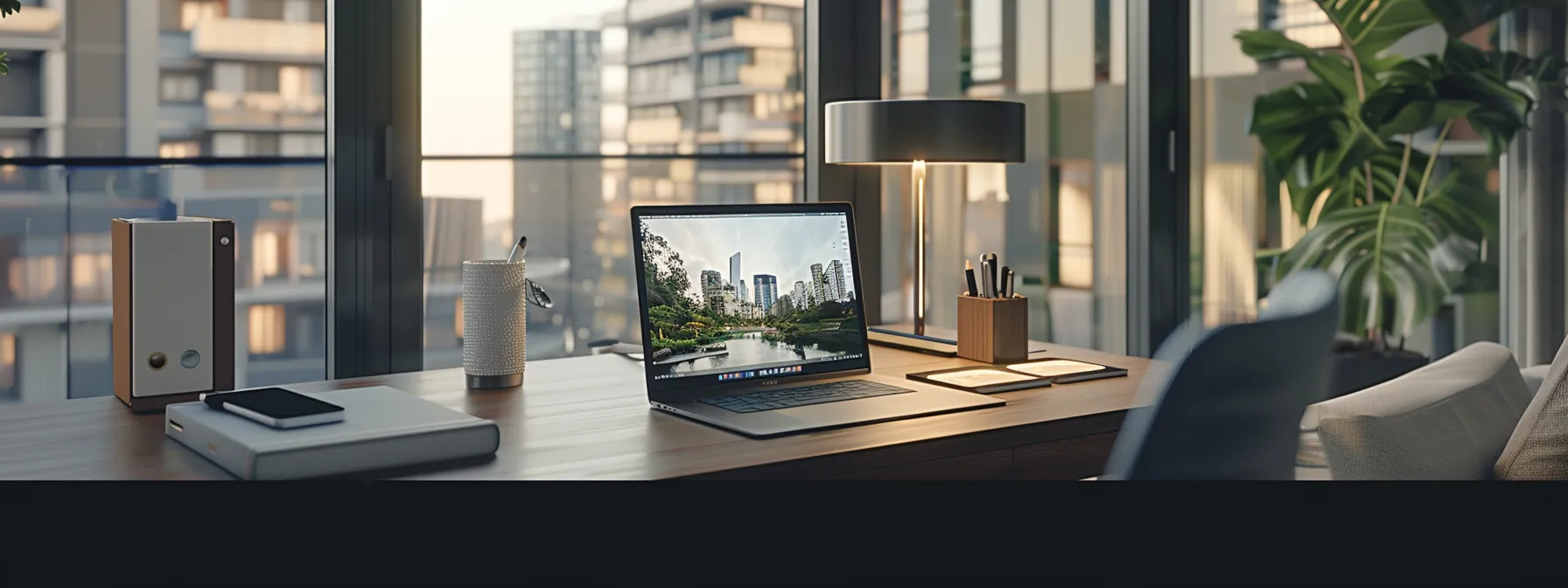 a sleek, modern office desk with a laptop open displaying a professional real estate website, showcasing property insights and expert contributors.