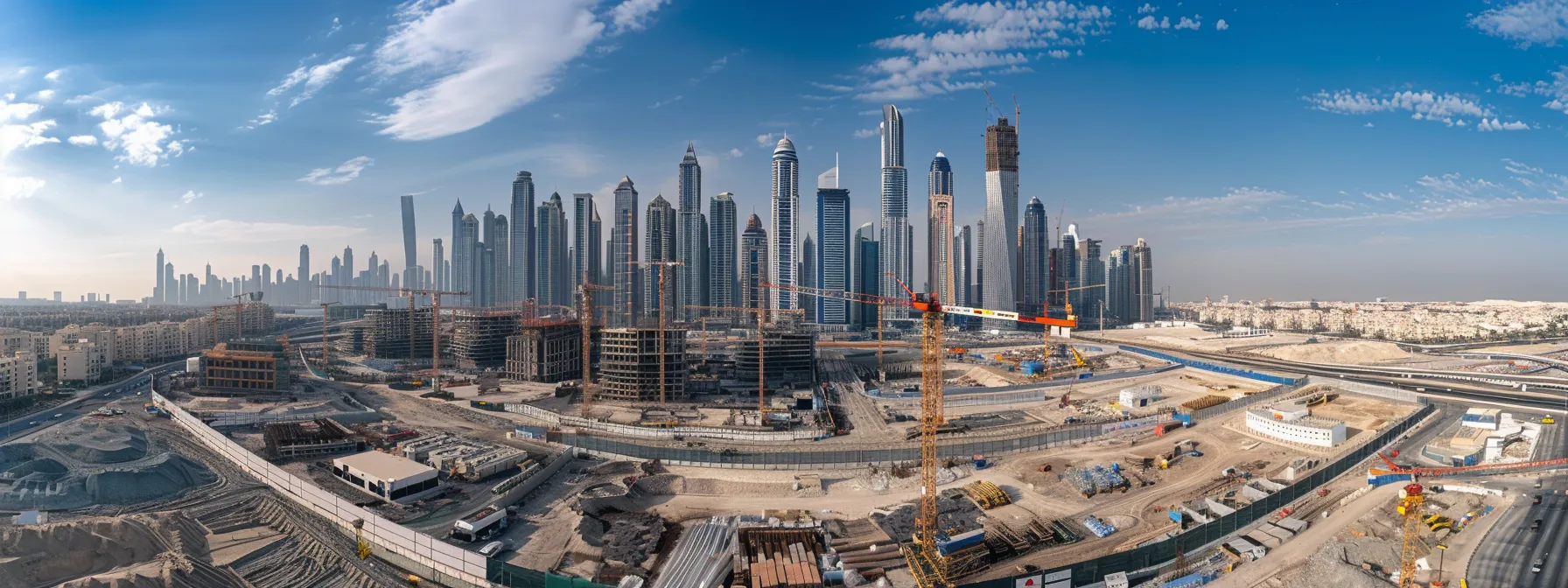 a bustling city skyline with skyscrapers and construction cranes overlooking vibrant neighborhoods, showcasing a mix of traditional architecture and modern developments, embodying the essence of high-potential real estate markets.