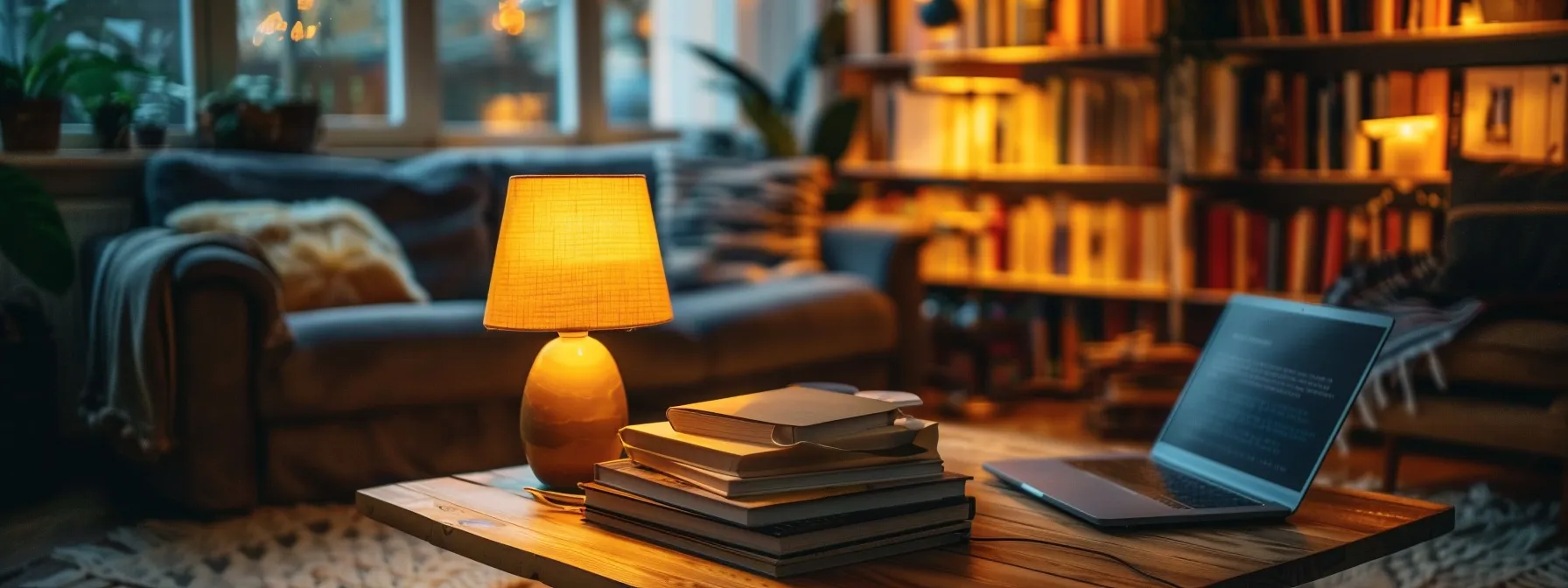 a cozy living room with warm lighting, a stack of real estate books, and a laptop open to a blog post titled 