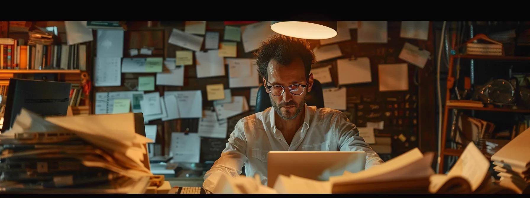 a focused man analyzing seo performance on a computer screen, surrounded by cluttered piles of paper and documents.