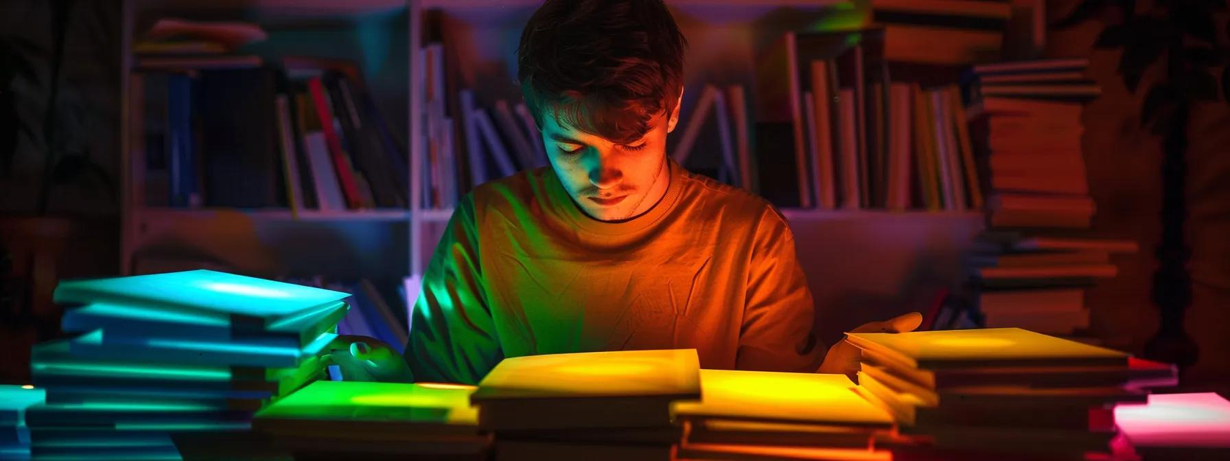 a focused man surrounded by a stack of colorful keyword data charts and graphs, analyzing high-value keywords for seo strategy.