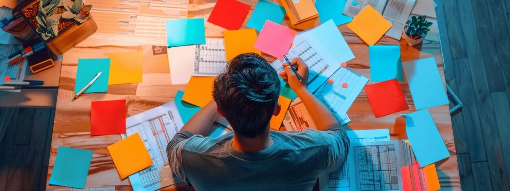 a focused man surrounded by colorful keyword research checklist cards spread out on a desk.