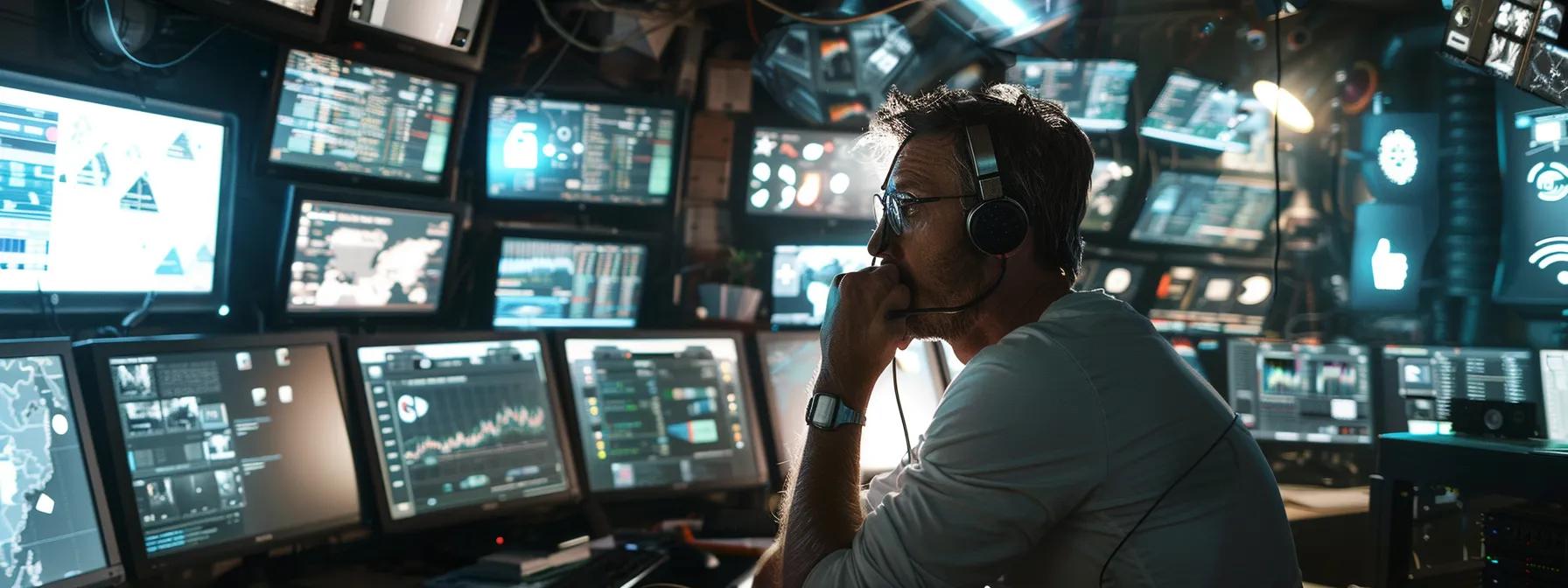 a focused man surrounded by computer screens displaying competitor keyword data and seo analytics, deep in thought.