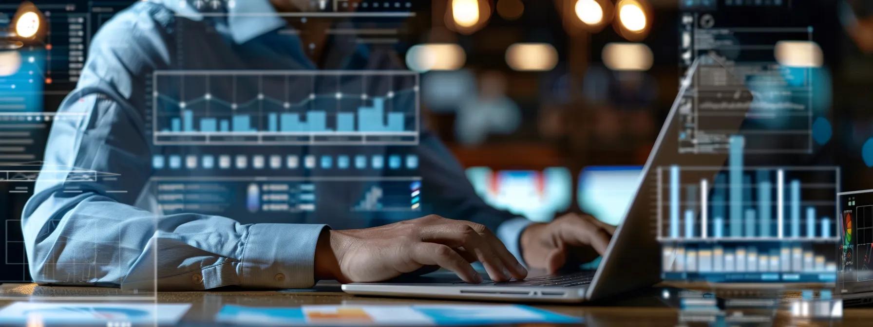 a focused man typing on a laptop, surrounded by informative infographics and a stack of organized papers, showcasing his dedication to creating authoritative content that builds trust with his audience.